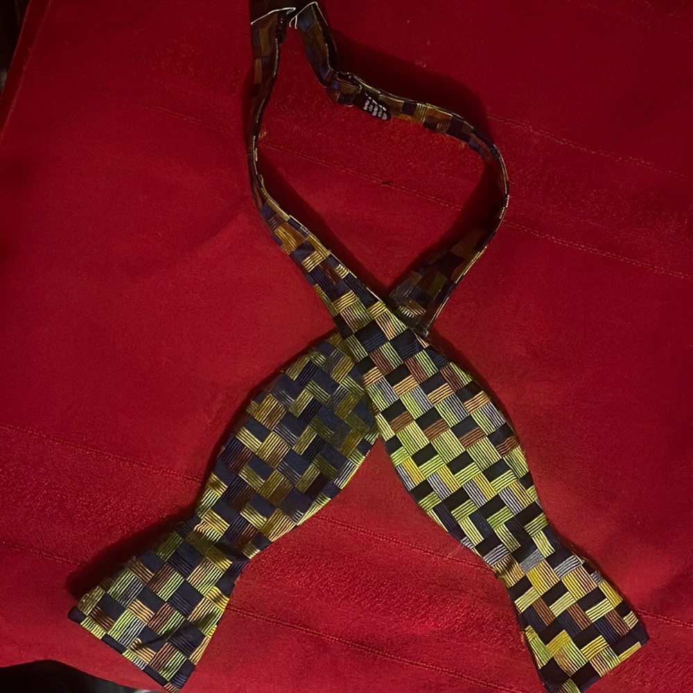 Contessa blue gold tan brown grey green mosaic bow tie